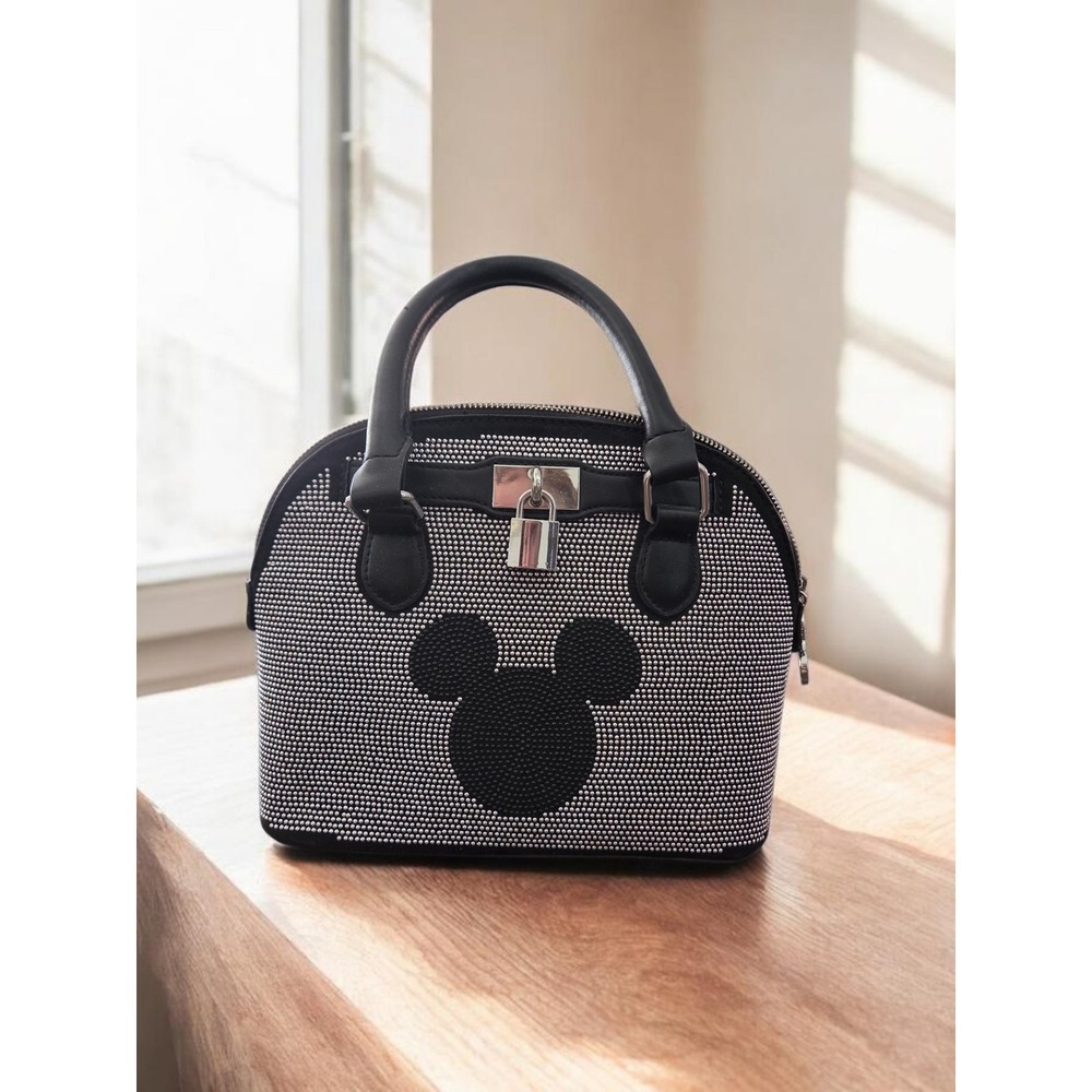 Disney x ALDO Mickey Mouse Rhinestone Satchel Purse Black Silver Dome Handbag